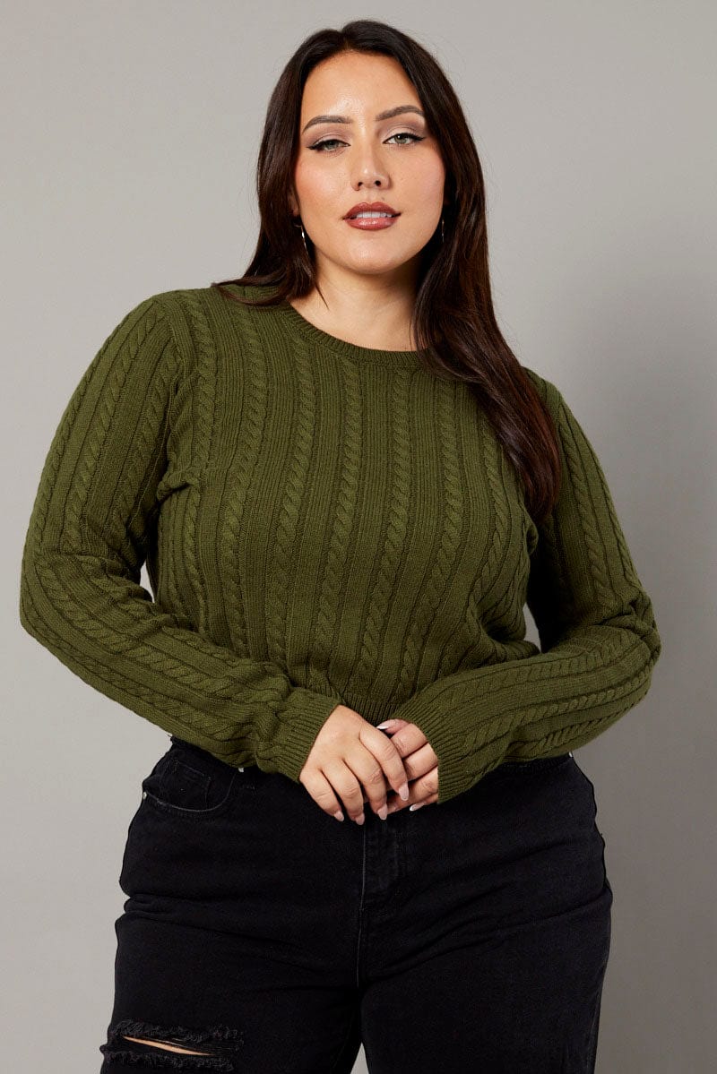 Green Cable Knit Top Long Sleeve Crew Neck for YouandAll Fashion