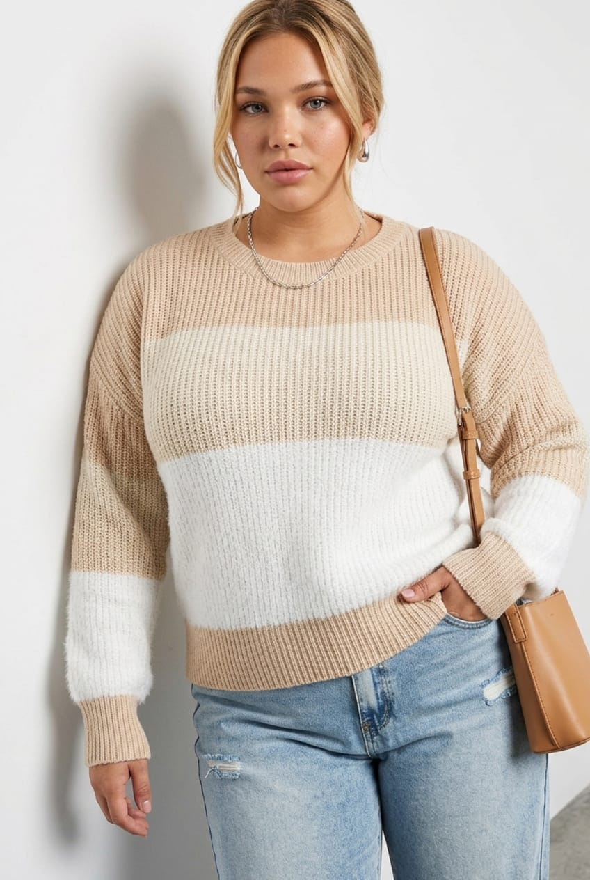 Beige Stripe Knit Jumper Long Sleeve Round Neck Oversized for YouandAll Fashion
