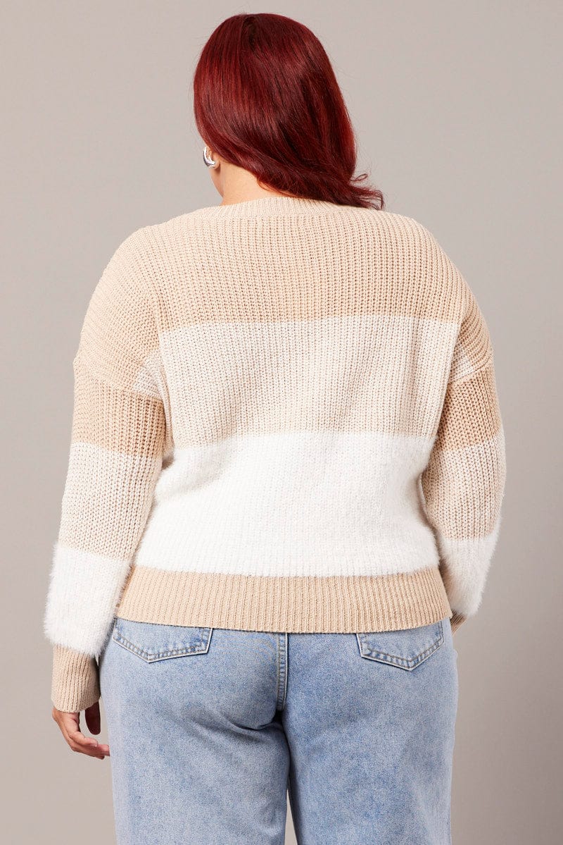 Beige Stripe Knit Jumper Long Sleeve Round Neck Oversized for YouandAll Fashion