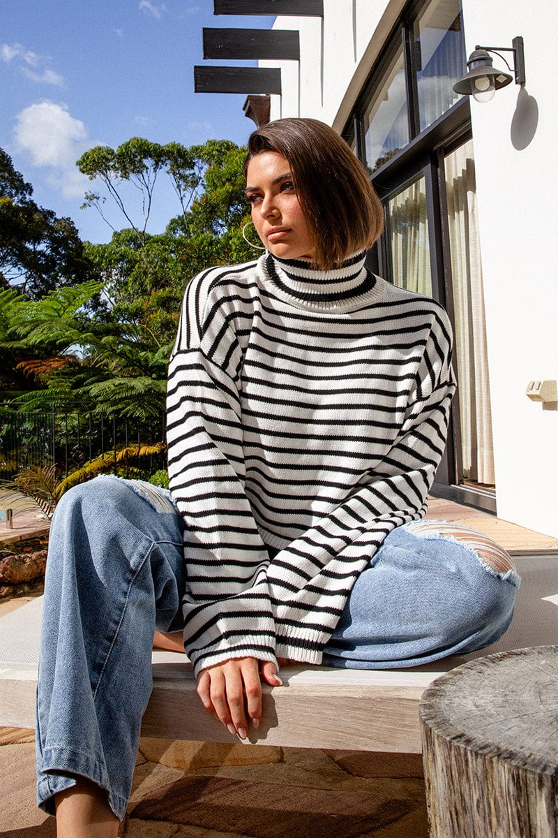 White Stripe Stripe Knit Jumper High Neck for YouandAll Fashion