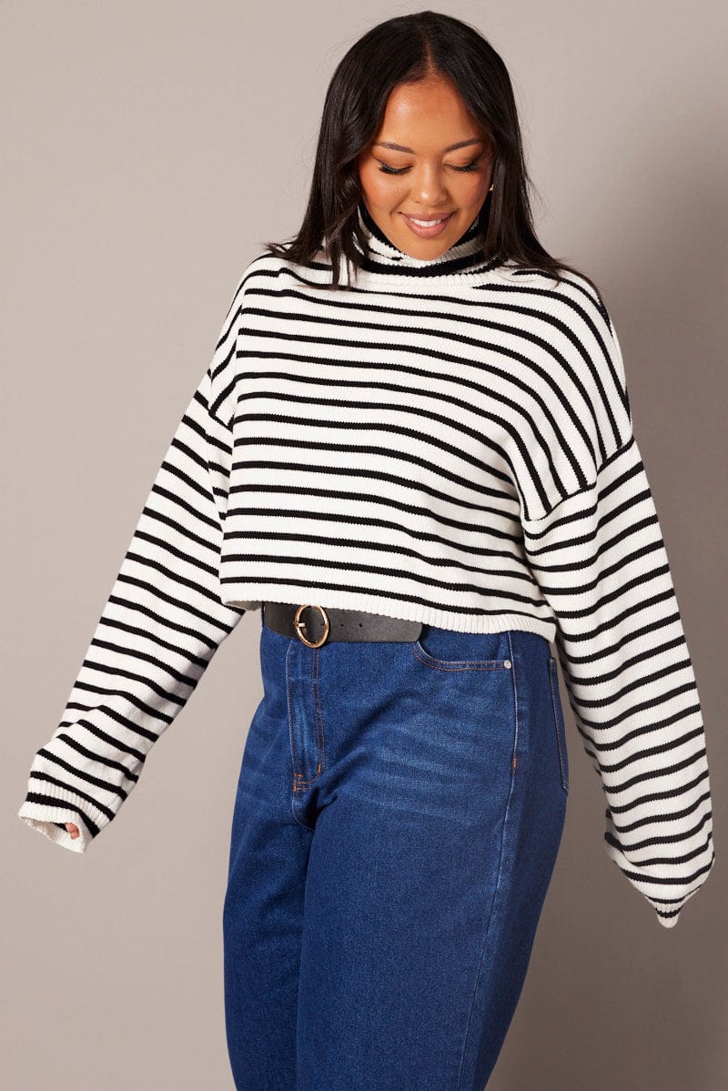 White Stripe Stripe Knit Jumper High Neck for YouandAll Fashion