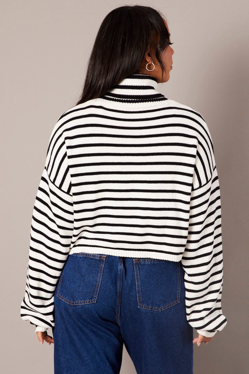 White Stripe Stripe Knit Jumper High Neck for YouandAll Fashion