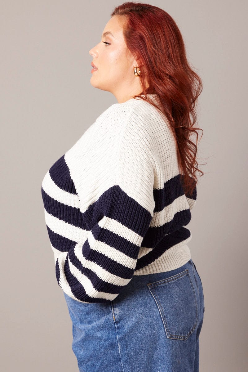 White Stripe Stripe Knit Jumper Collared for YouandAll Fashion