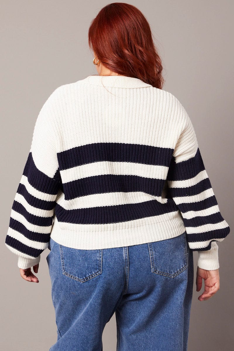 White Stripe Stripe Knit Jumper Collared for YouandAll Fashion