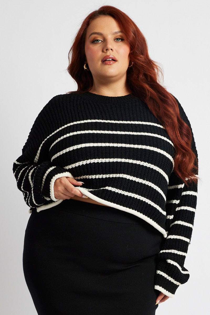 Black Stripe Knit Jumper Long Sleeve Round Neck Chenille for YouandAll Fashion