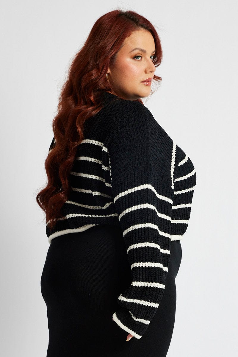 Black Stripe Knit Jumper Long Sleeve Round Neck Chenille for YouandAll Fashion