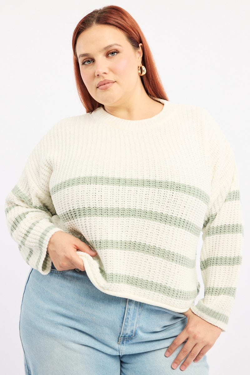 Green Stripe Jumper Long Sleeve Crew Neck for YouandAll Fashion