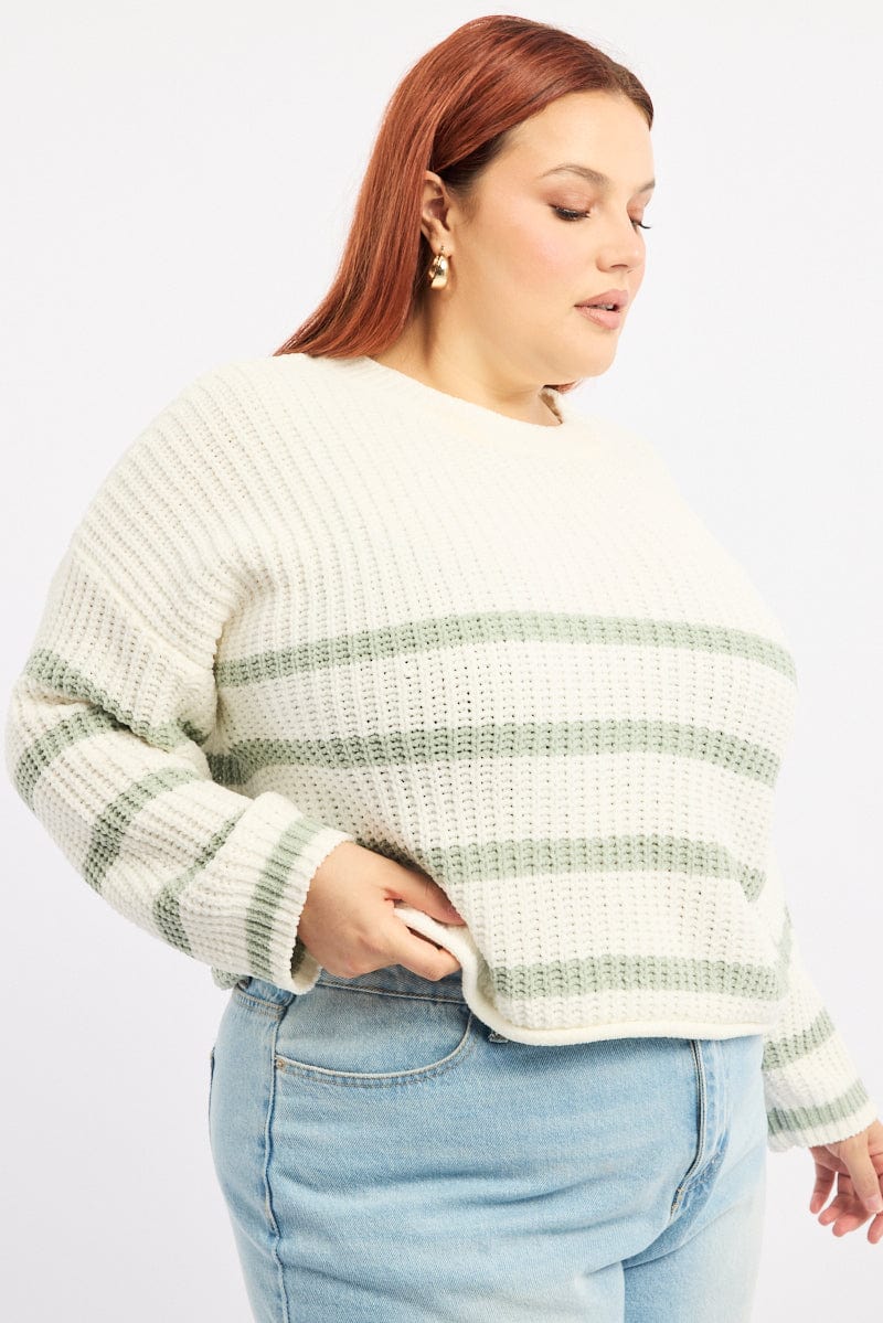 Green Stripe Jumper Long Sleeve Crew Neck for YouandAll Fashion