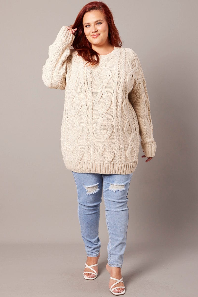 Beige Cable Knit Jumper Round Neck Long Sleeve for YouandAll Fashion