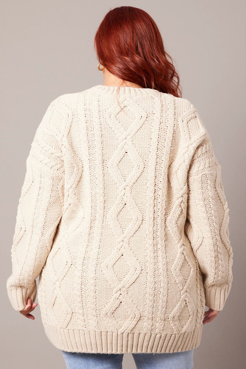 Beige Cable Knit Jumper Round Neck Long Sleeve for YouandAll Fashion
