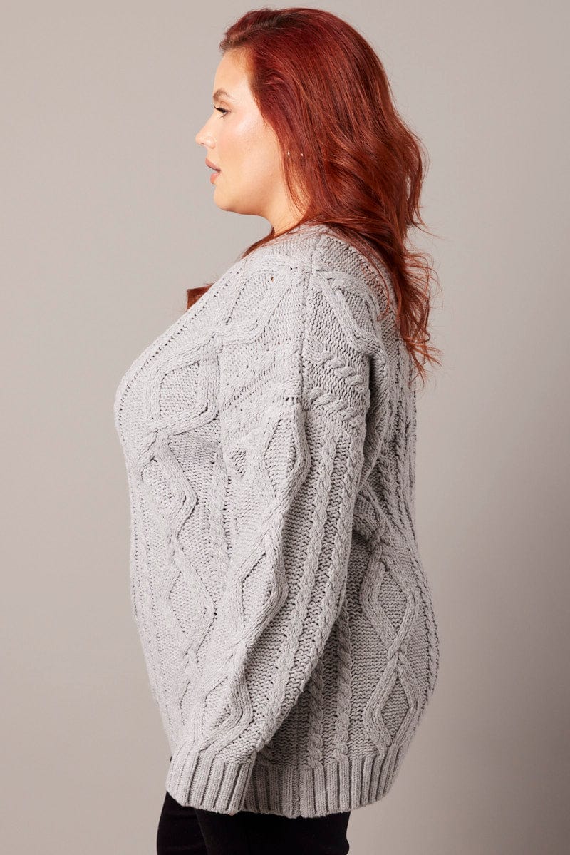 Grey Cable Knit Jumper Round Neck Long Sleeve for YouandAll Fashion