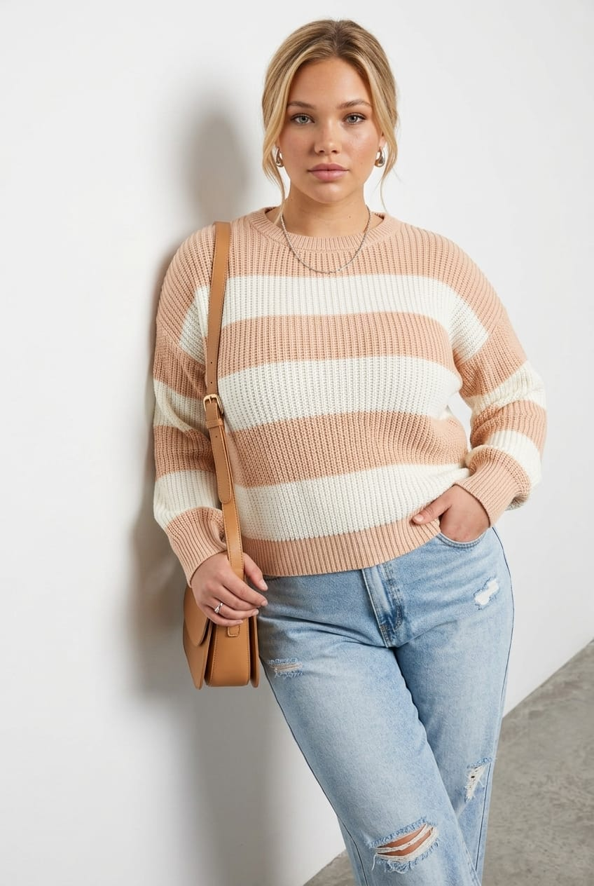 Beige Stripe Stripe Knit Jumper Long Sleeve Crew Neck for YouandAll Fashion