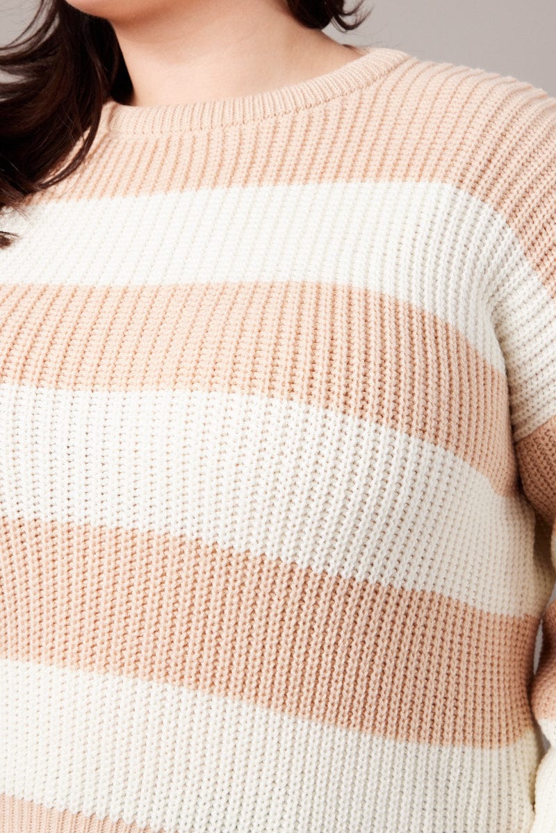 Beige Stripe Stripe Knit Jumper Long Sleeve Crew Neck for YouandAll Fashion