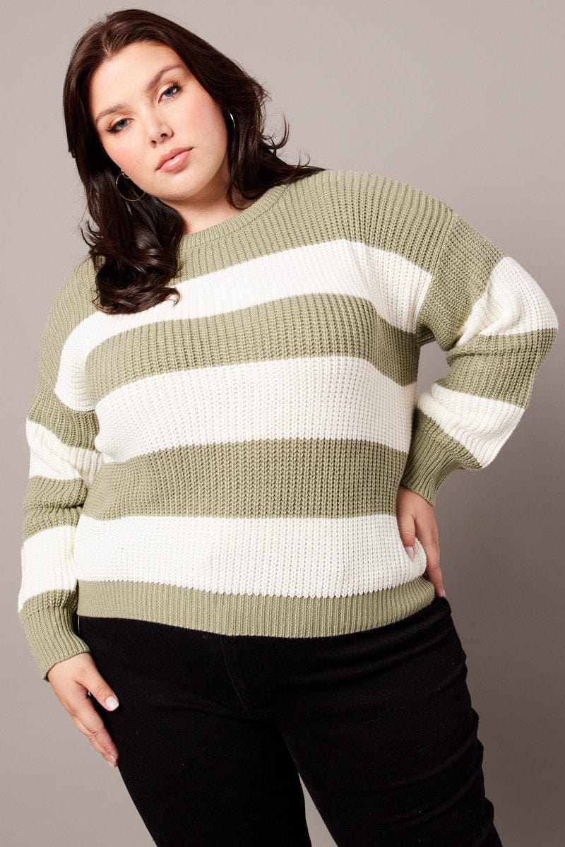 Green Stripe Knit Jumper Long Sleeve Crew Neck for YouandAll Fashion