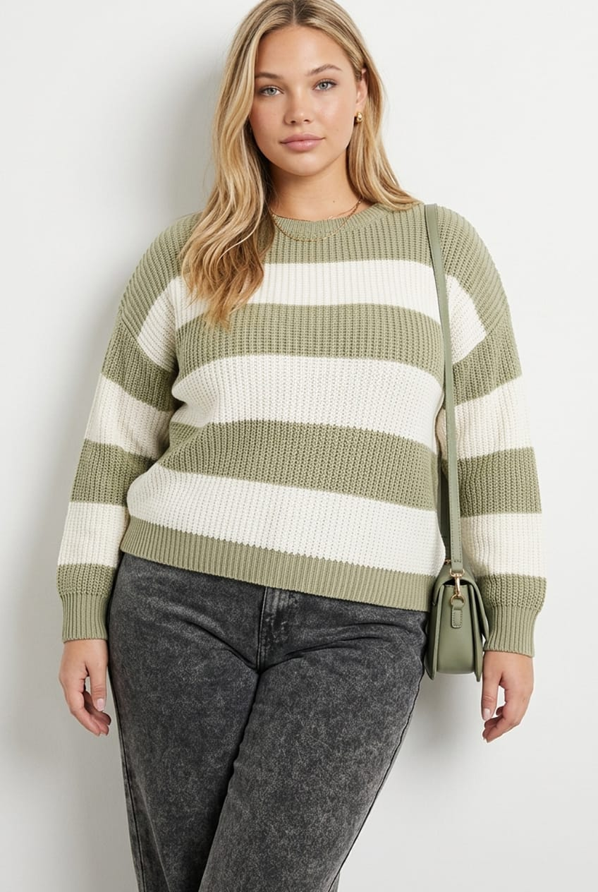 Green Stripe Knit Jumper Long Sleeve Crew Neck for YouandAll Fashion