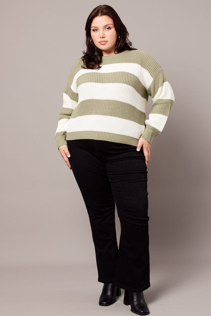 Green Stripe Knit Jumper Long Sleeve Crew Neck for YouandAll Fashion