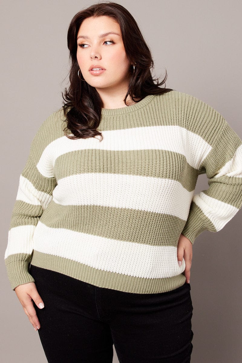 Green Stripe Knit Jumper Long Sleeve Crew Neck for YouandAll Fashion