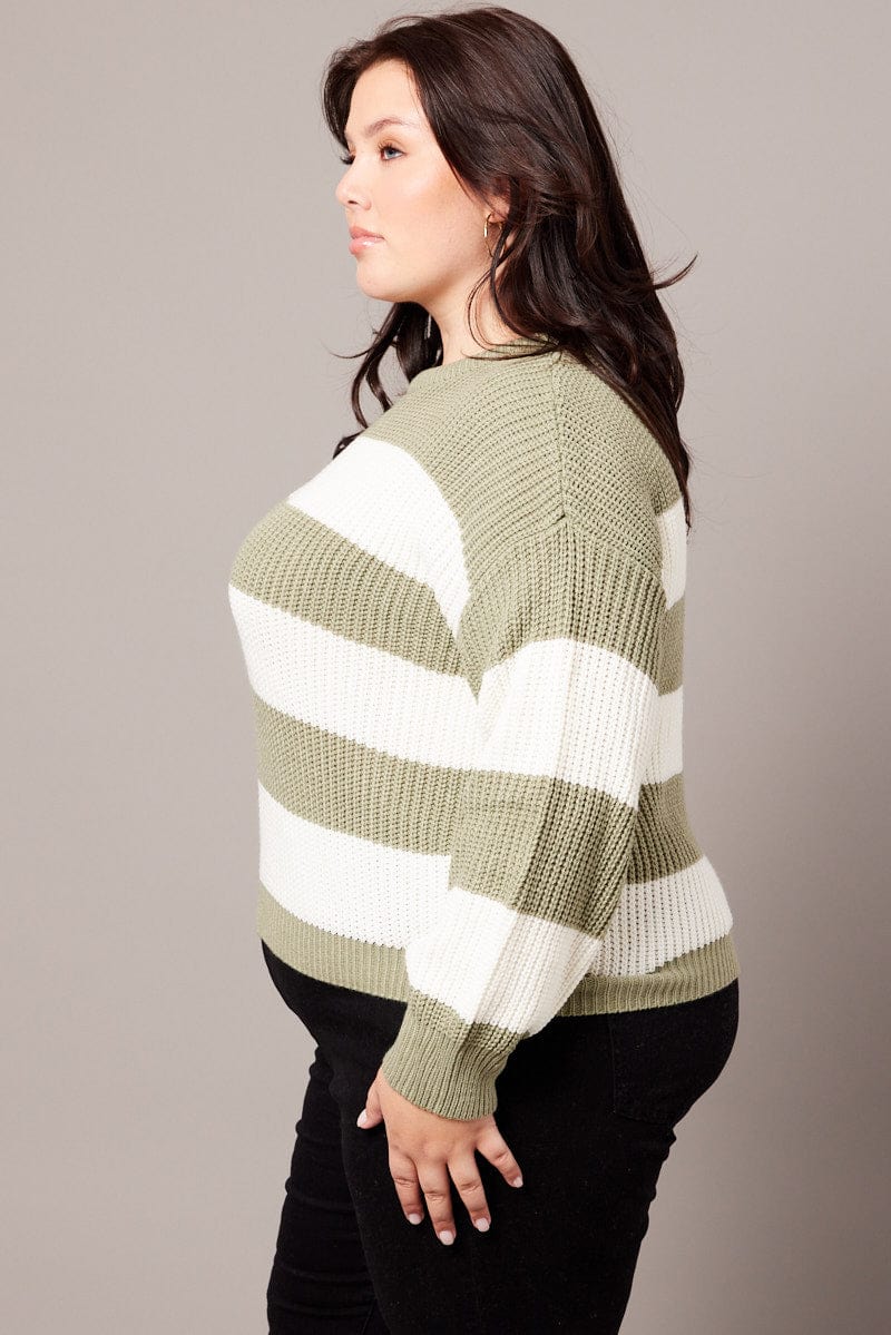 Green Stripe Knit Jumper Long Sleeve Crew Neck for YouandAll Fashion