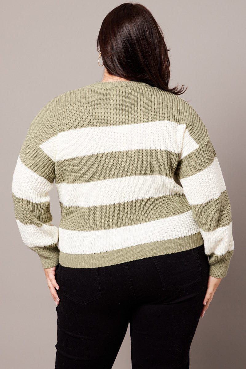 Green Stripe Knit Jumper Long Sleeve Crew Neck for YouandAll Fashion