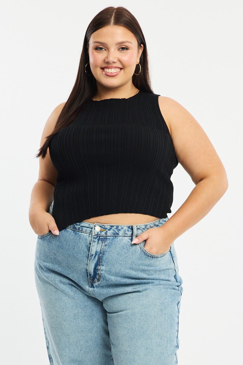 Black Knit Top Asymmetric Hem Crew Neck for YouandAll Fashion