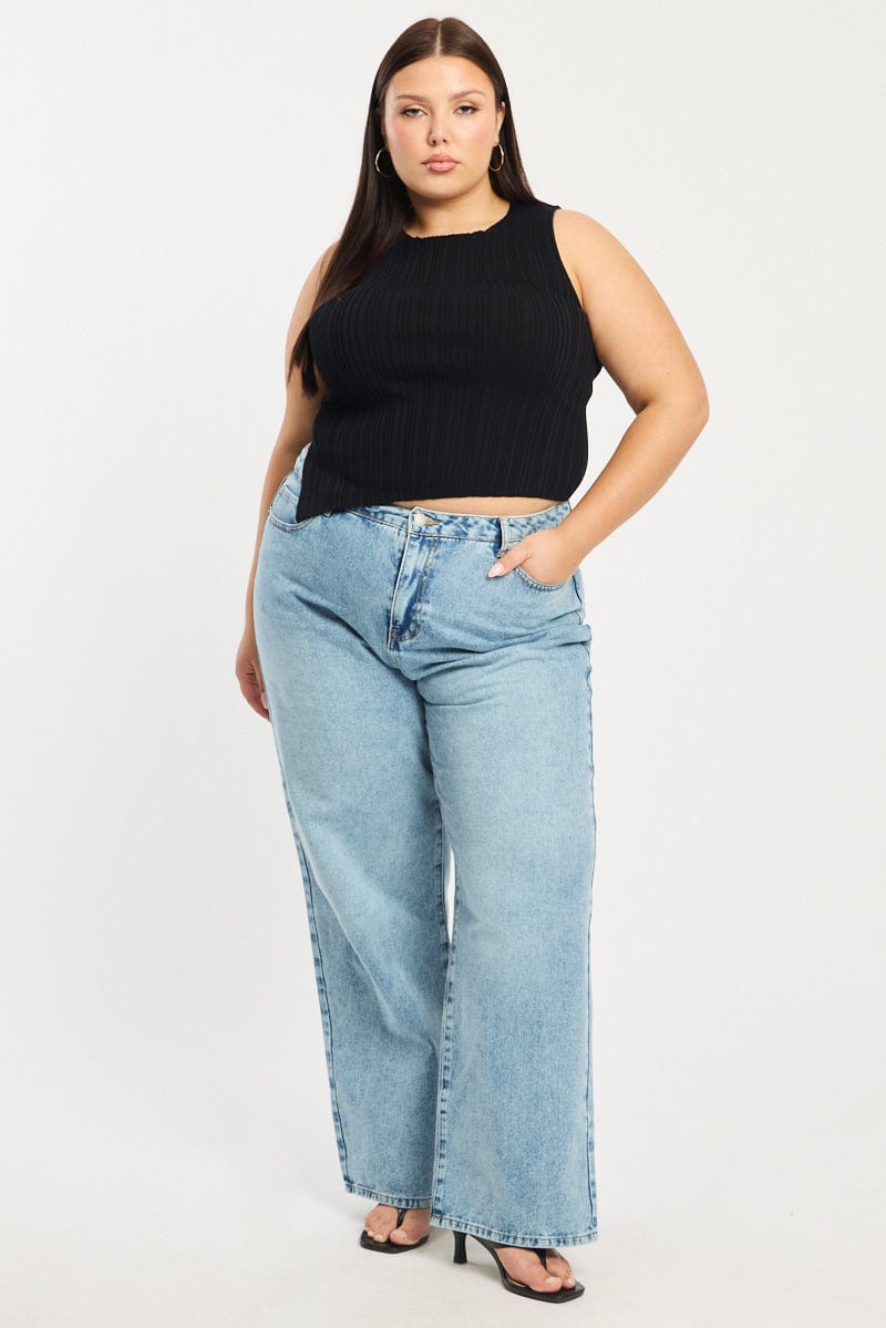 Black Knit Top Asymmetric Hem Crew Neck for YouandAll Fashion