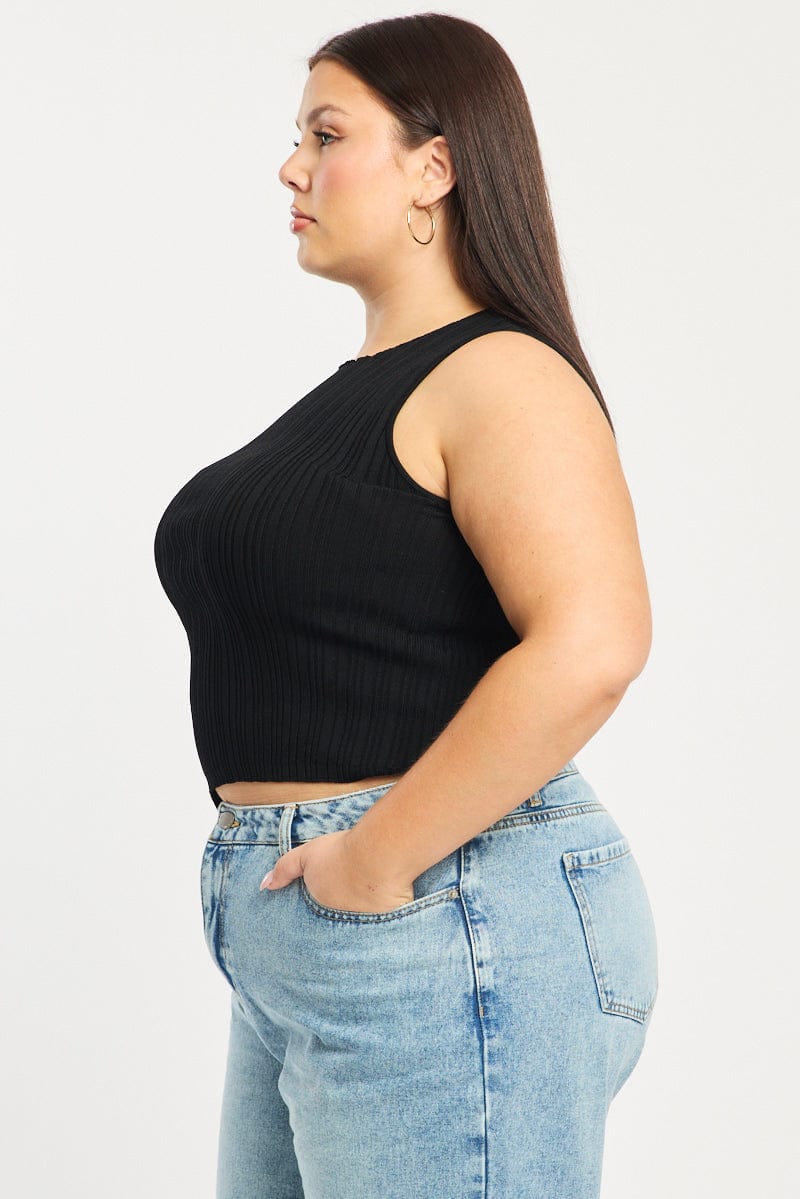Black Knit Top Asymmetric Hem Crew Neck for YouandAll Fashion