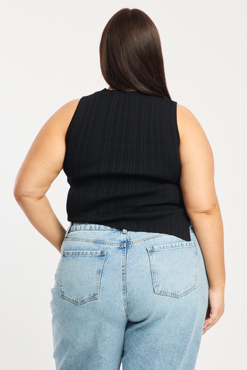 Black Knit Top Asymmetric Hem Crew Neck for YouandAll Fashion