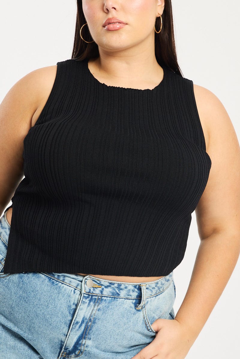 Black Knit Top Asymmetric Hem Crew Neck for YouandAll Fashion