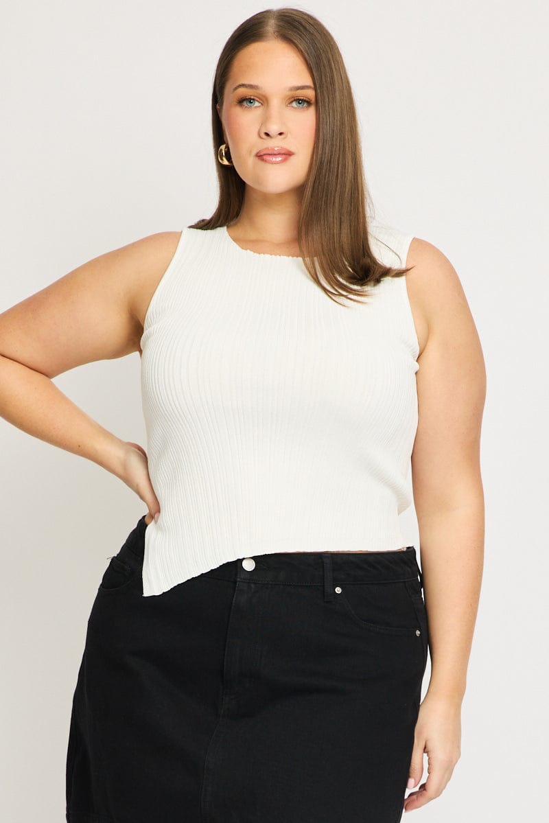 White Knit Top Asymmetric Hem Crew Neck for YouandAll Fashion