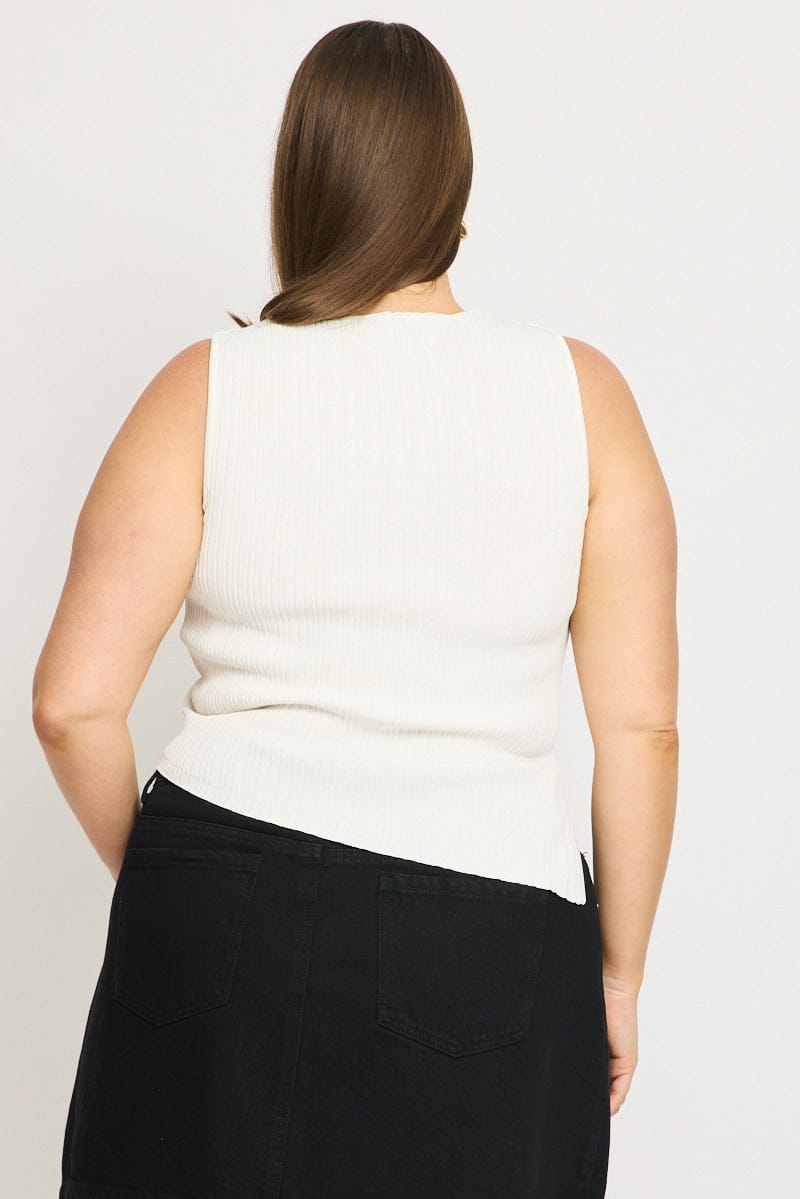 White Knit Top Asymmetric Hem Crew Neck for YouandAll Fashion
