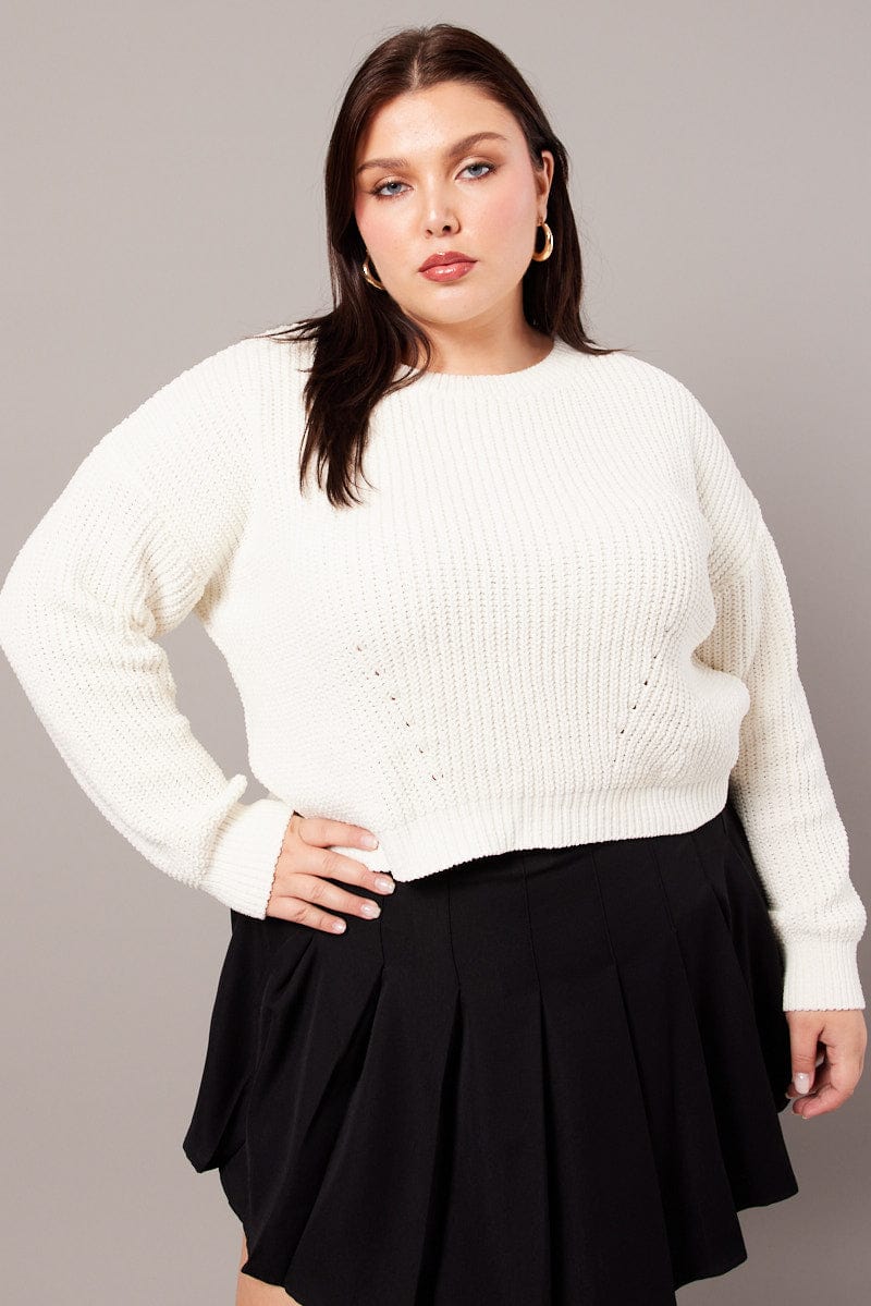 White Knit Jumper Long Sleeve Crew Neck for YouandAll Fashion