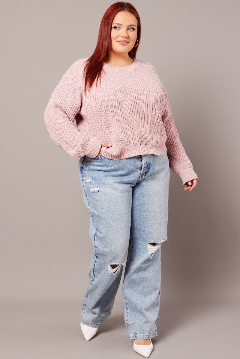 Pink Knit Jumper Long Sleeve Crew Neck for YouandAll Fashion