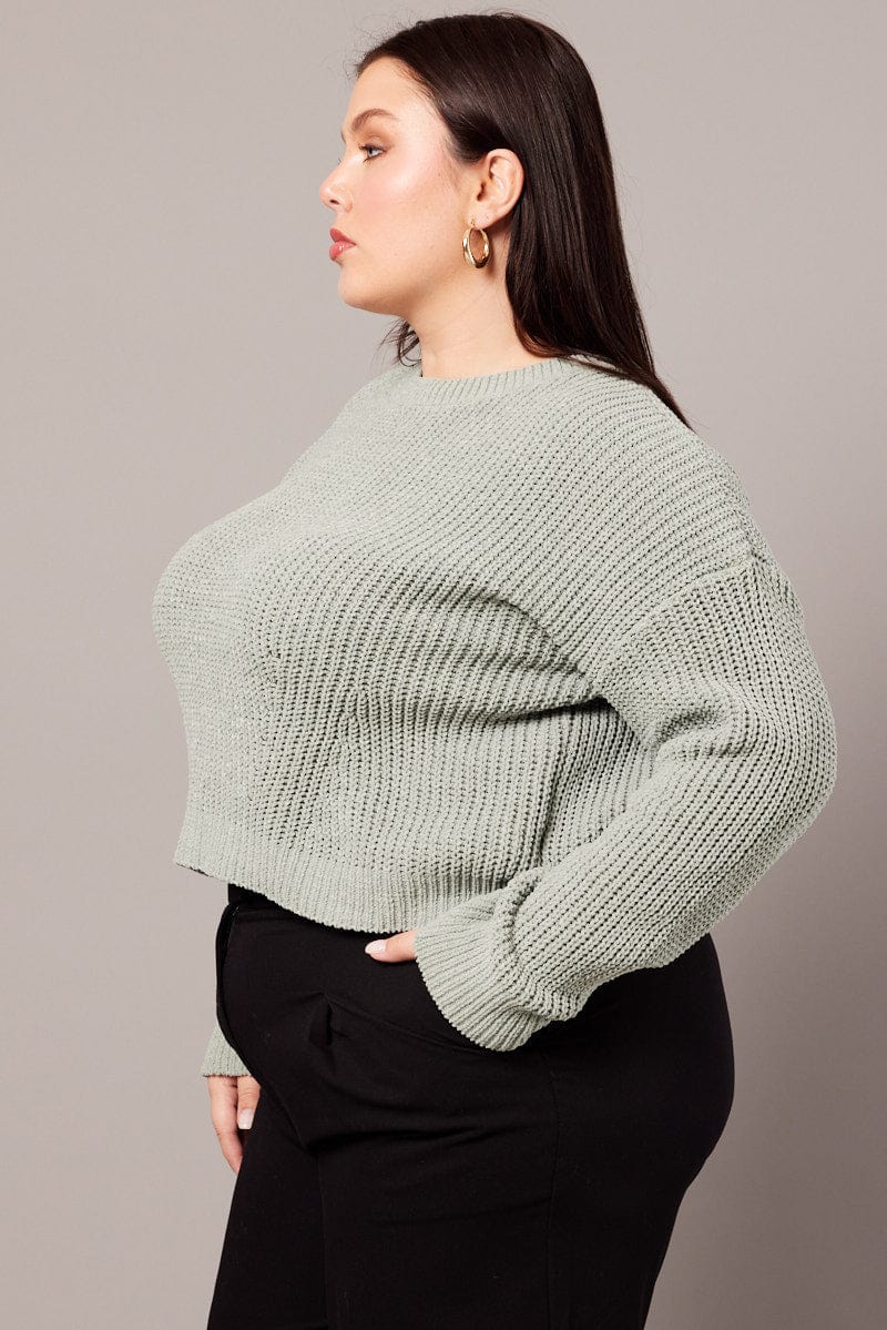 Green Knit Jumper Long Sleeve Crew Neck for YouandAll Fashion