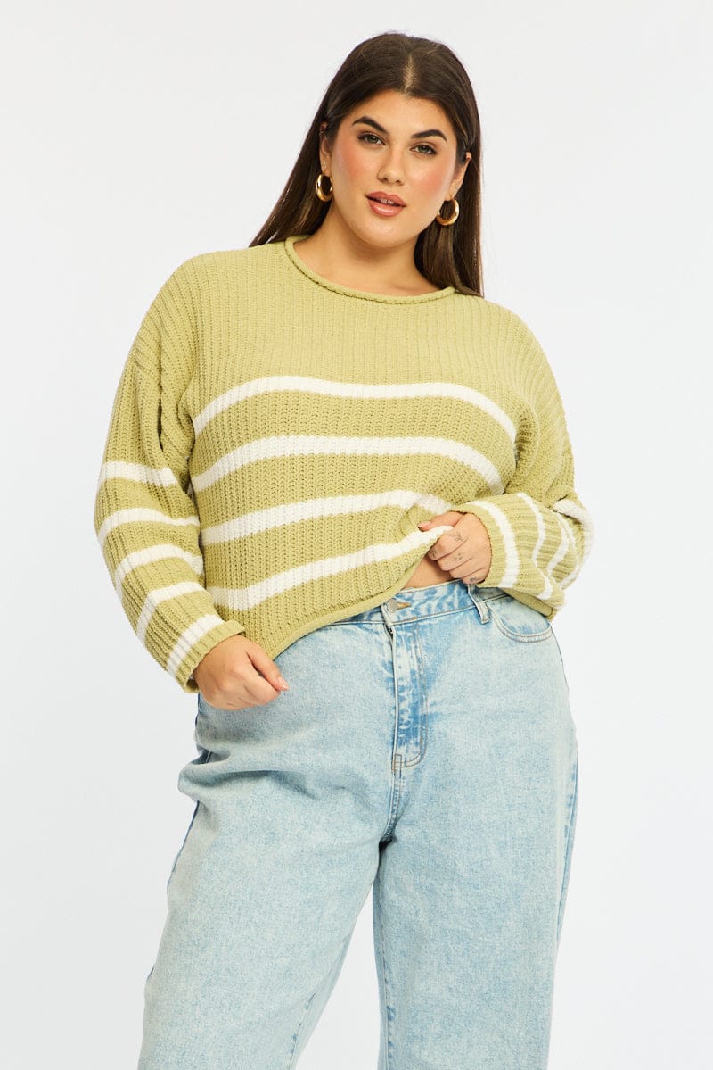 Green Stripe Chenille Knit Jumper Long Sleeve for YouandAll Fashion