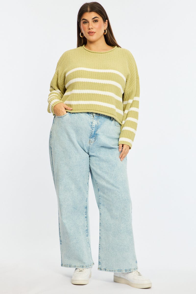 Green Stripe Chenille Knit Jumper Long Sleeve for YouandAll Fashion