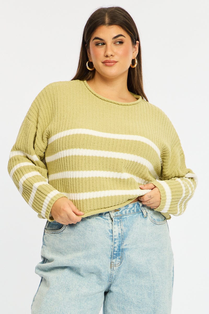 Green Stripe Chenille Knit Jumper Long Sleeve for YouandAll Fashion