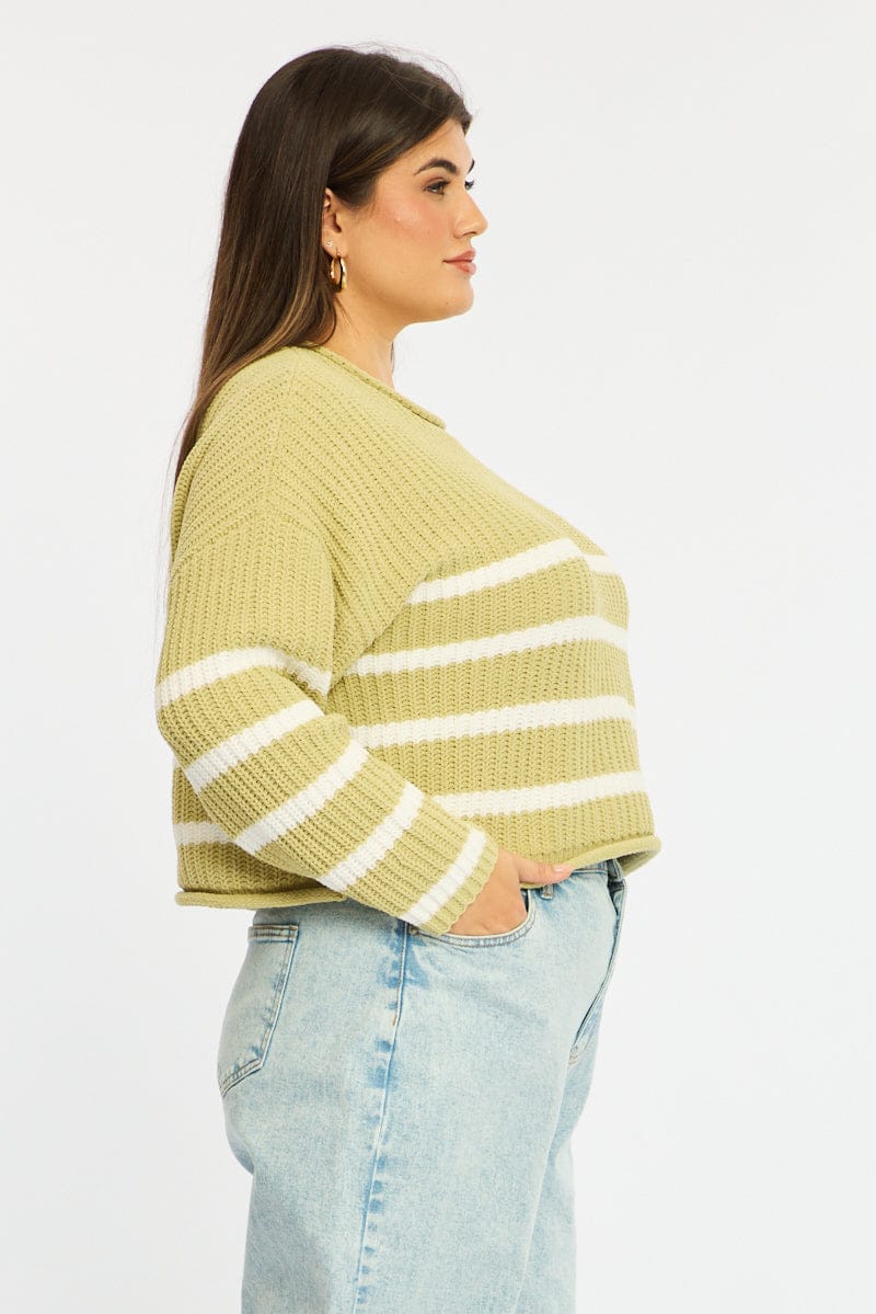 Green Stripe Chenille Knit Jumper Long Sleeve for YouandAll Fashion
