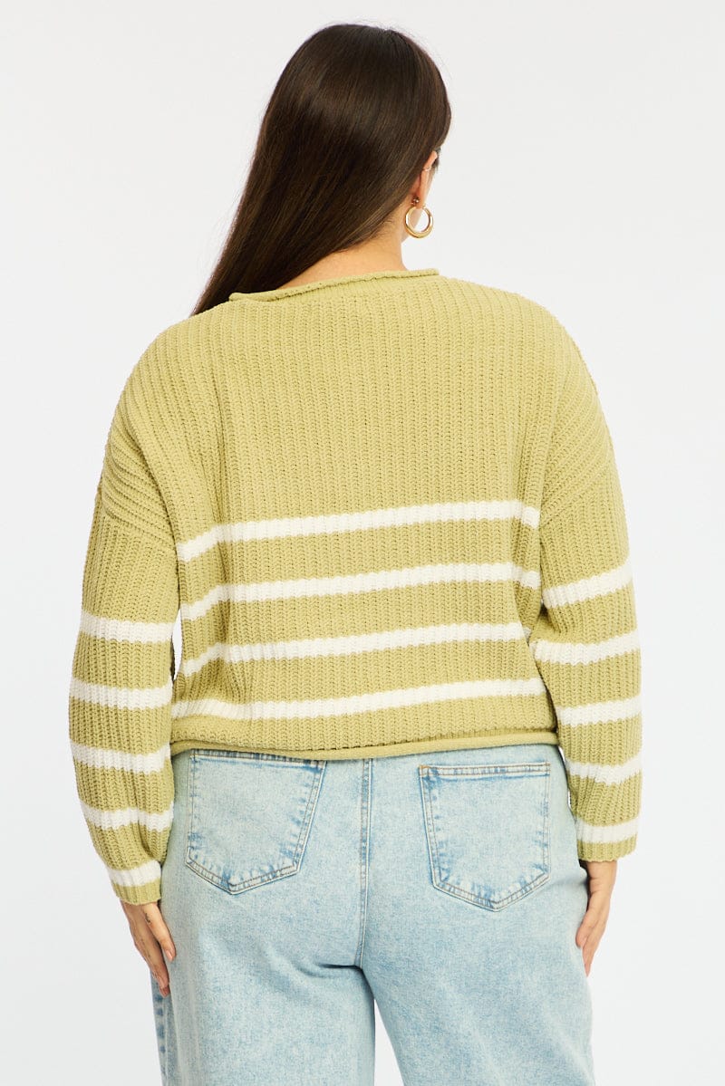 Green Stripe Chenille Knit Jumper Long Sleeve for YouandAll Fashion
