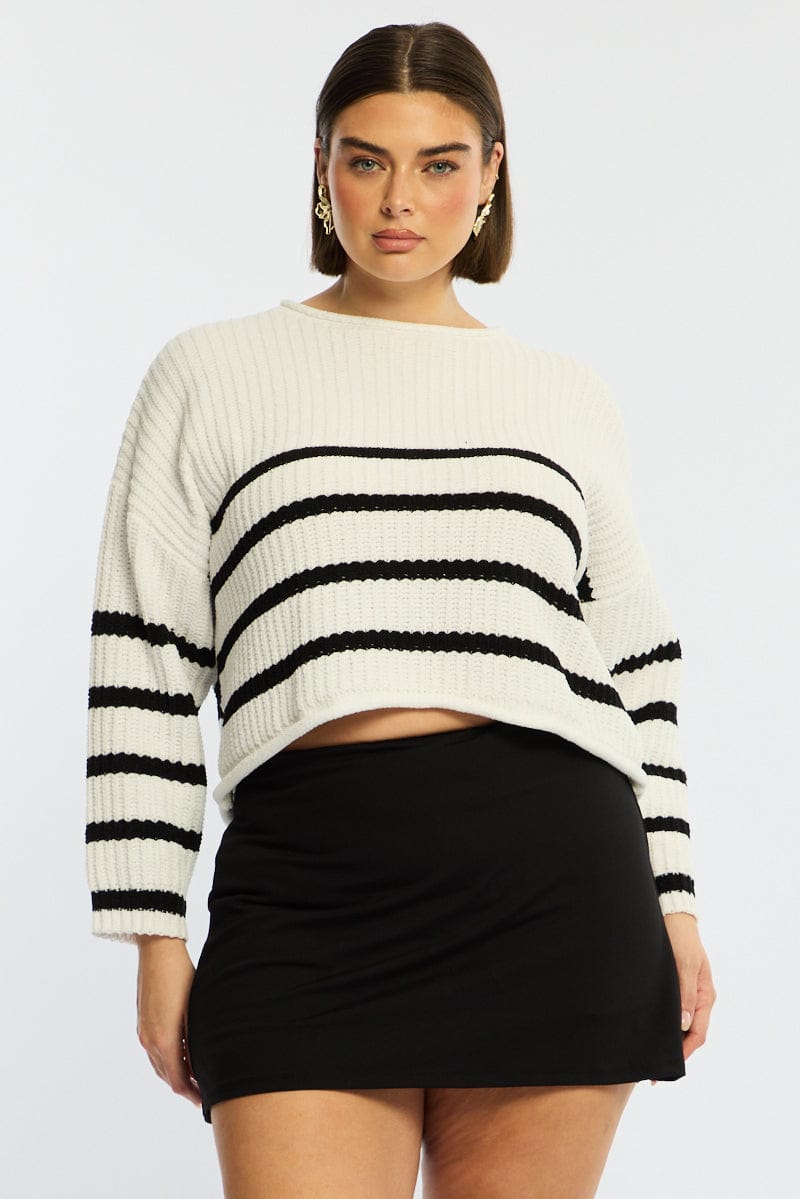 Black Stripe Chenille Knit Jumper Long Sleeve for YouandAll Fashion