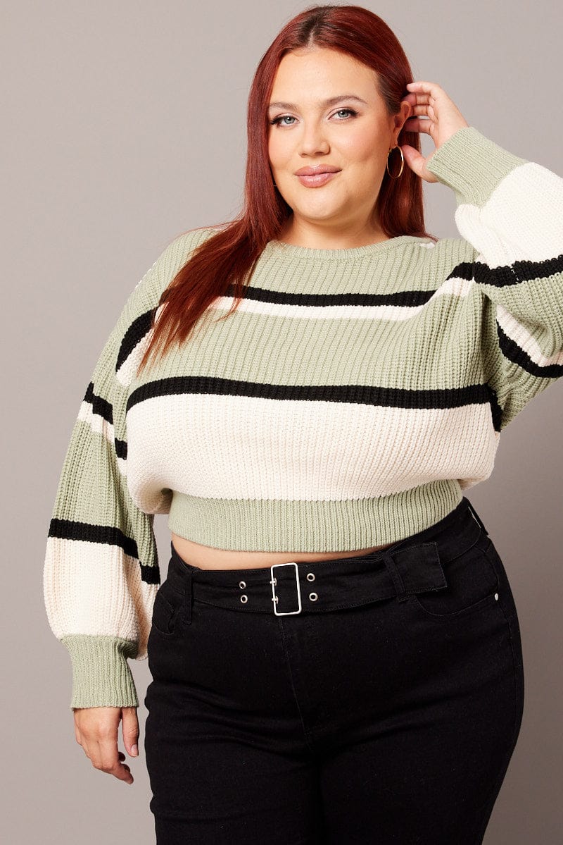 Green Stripe Knit Jumper Long Sleeve Round Neck for YouandAll Fashion