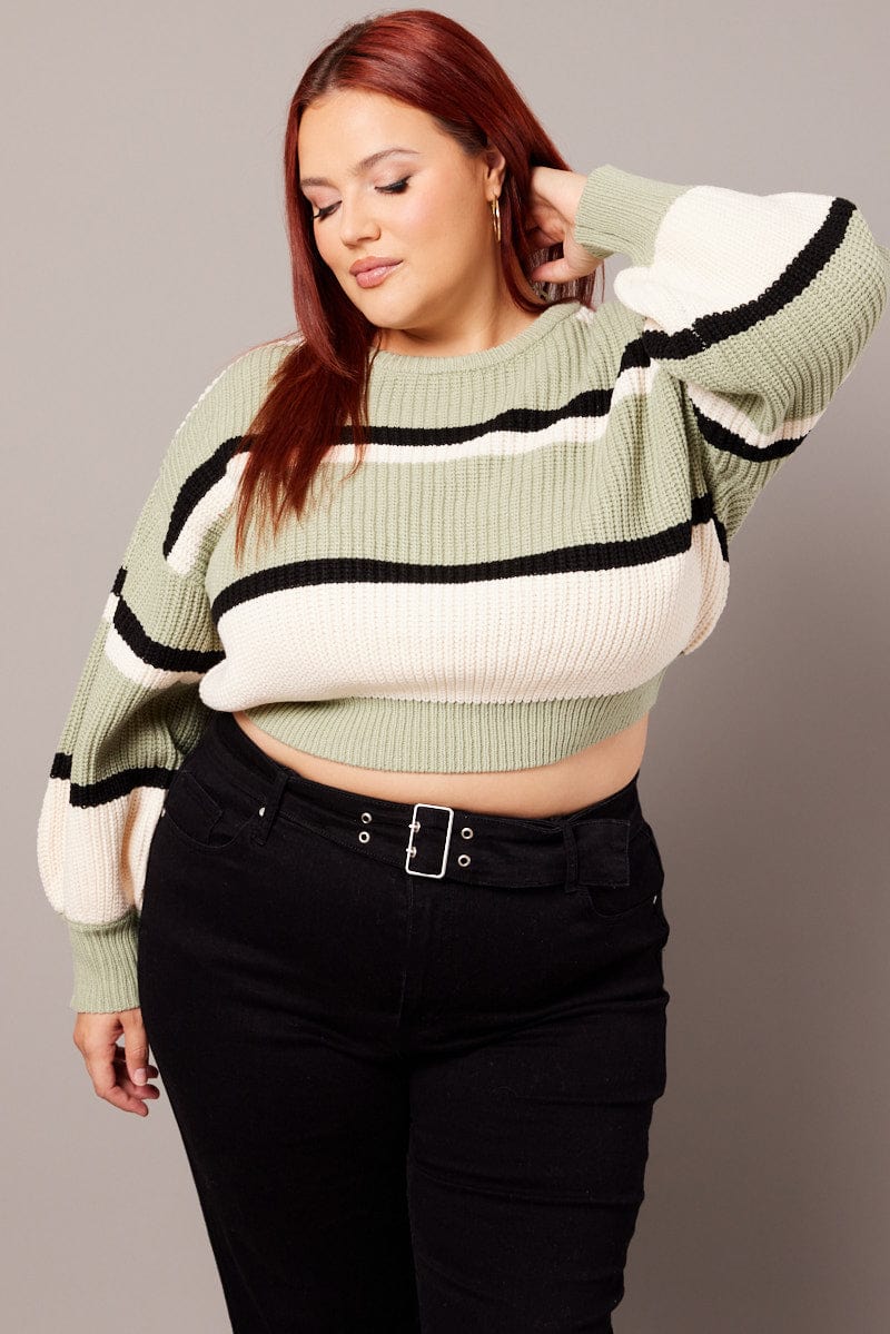 Green Stripe Knit Jumper Long Sleeve Round Neck for YouandAll Fashion