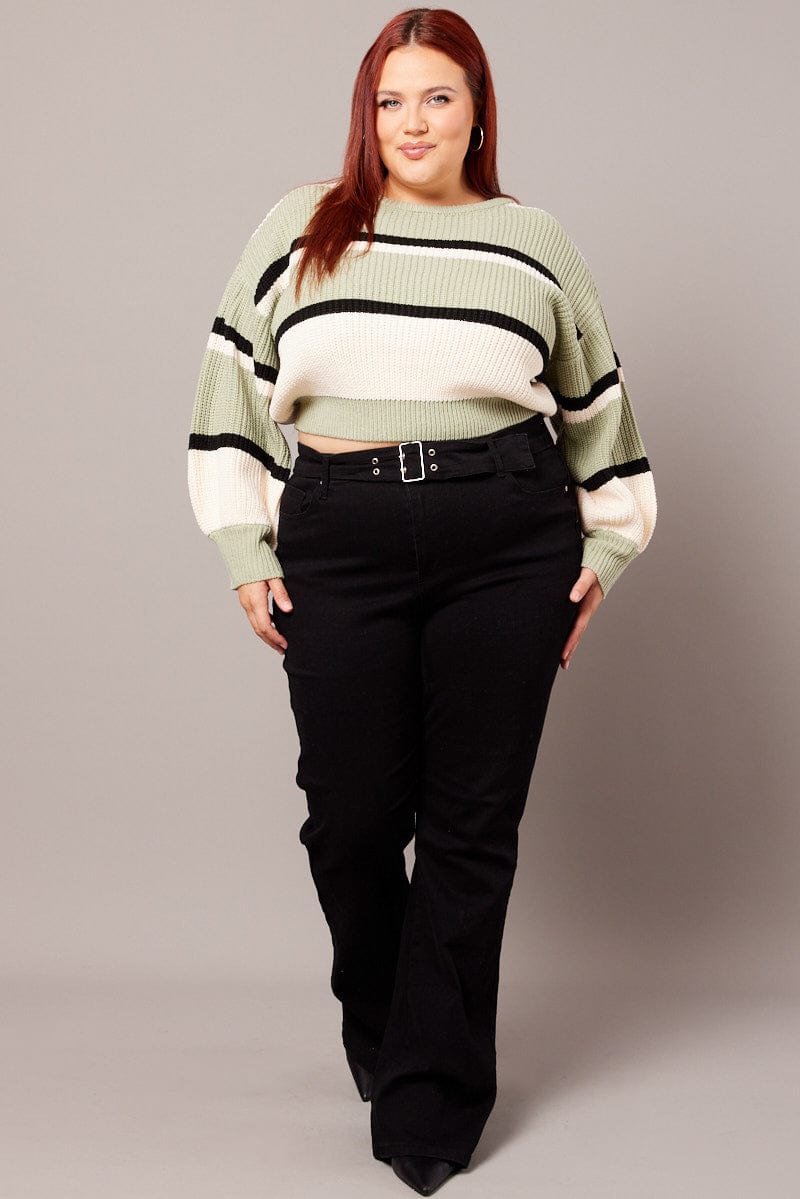 Green Stripe Knit Jumper Long Sleeve Round Neck for YouandAll Fashion