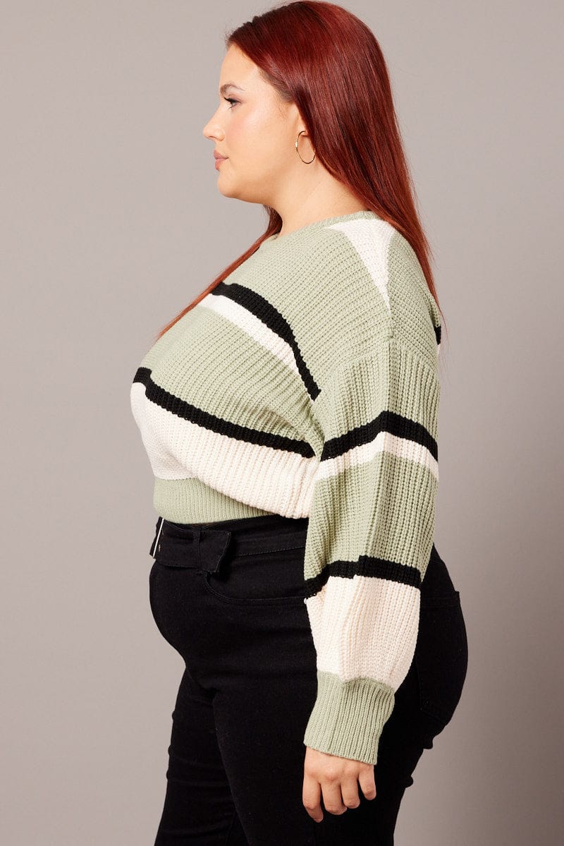 Green Stripe Knit Jumper Long Sleeve Round Neck for YouandAll Fashion