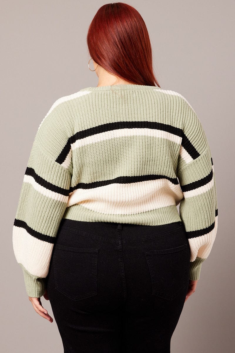 Green Stripe Knit Jumper Long Sleeve Round Neck for YouandAll Fashion