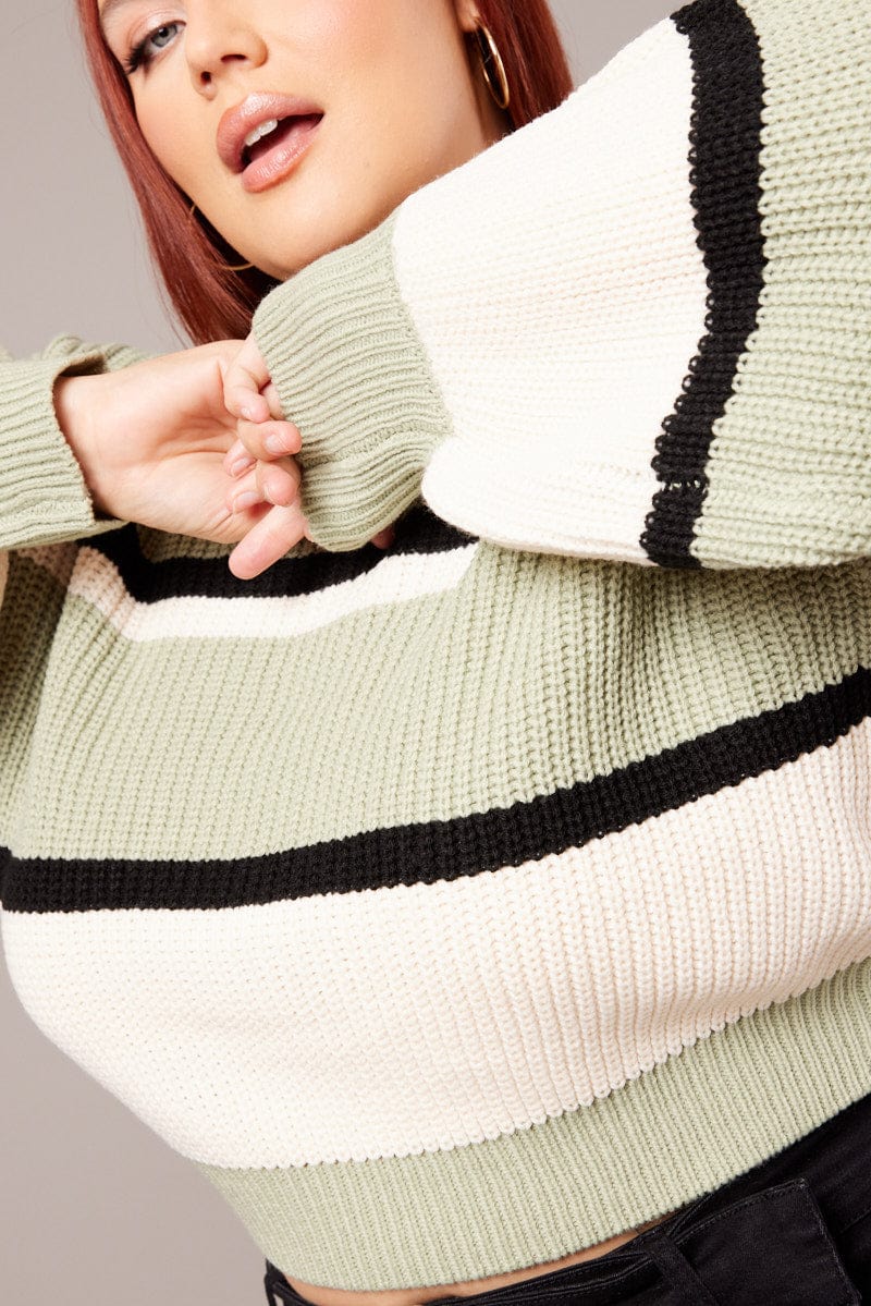 Green Stripe Knit Jumper Long Sleeve Round Neck for YouandAll Fashion