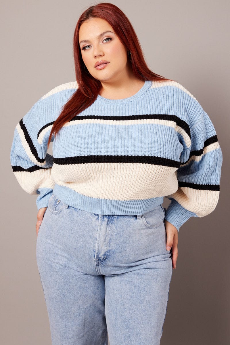 Blue Stripe Knit Jumper Long Sleeve Round Neck for YouandAll Fashion