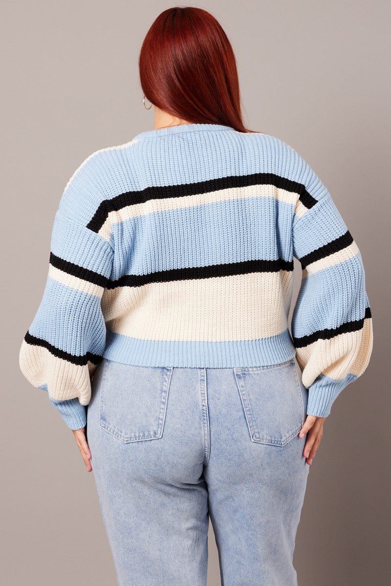 Blue Stripe Knit Jumper Long Sleeve Round Neck for YouandAll Fashion