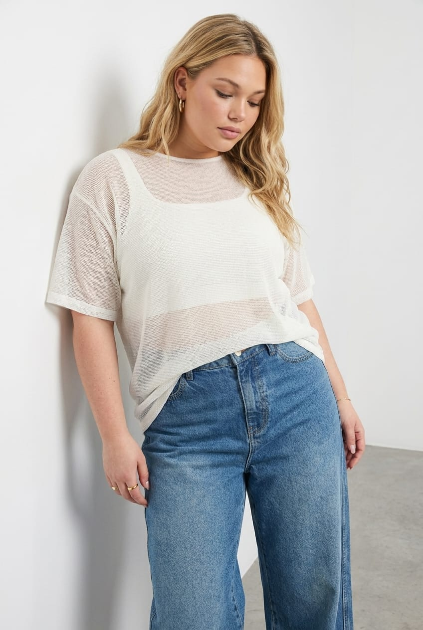 White Oversized Knit Top Short Sleeve Crew Neck for YouandAll Fashion