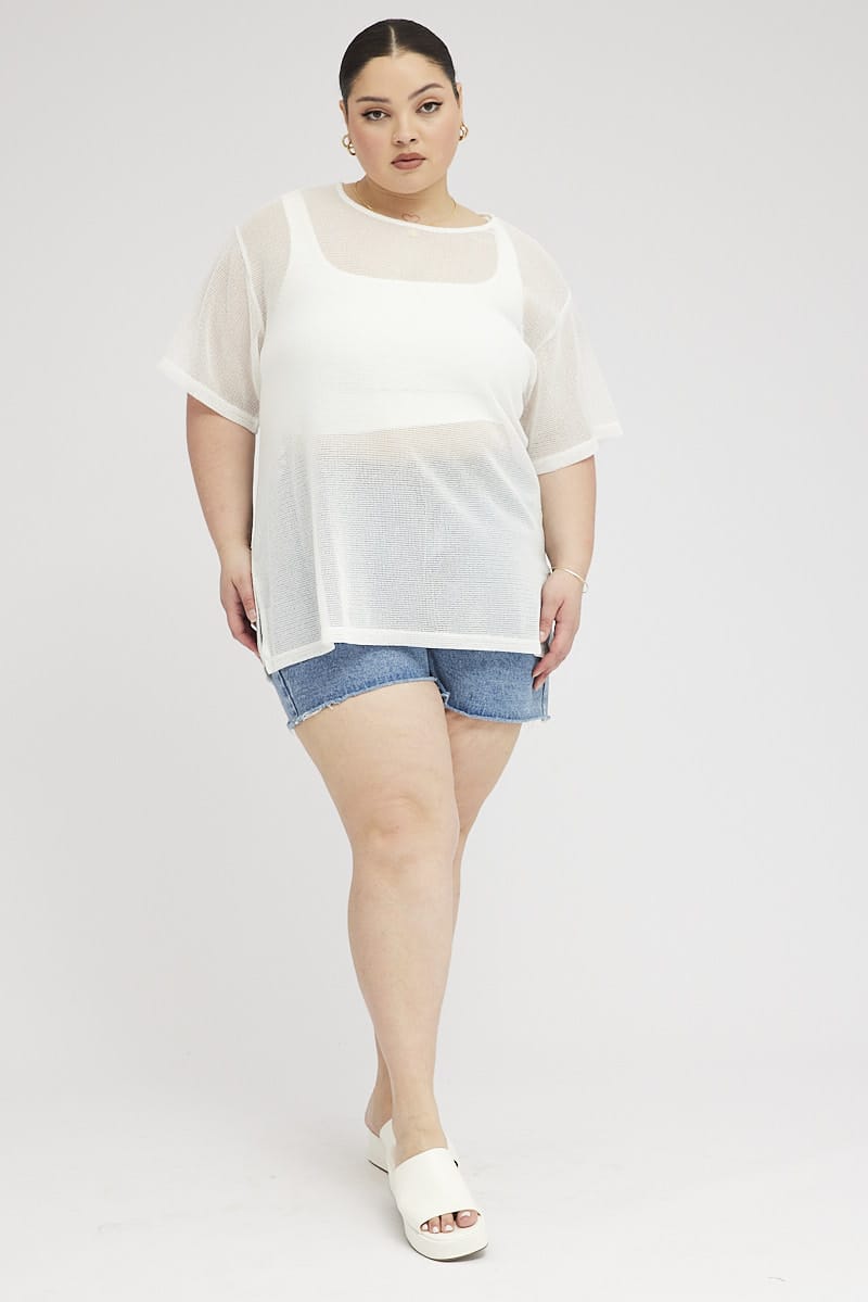 White Oversized Knit Top Short Sleeve Crew Neck for YouandAll Fashion