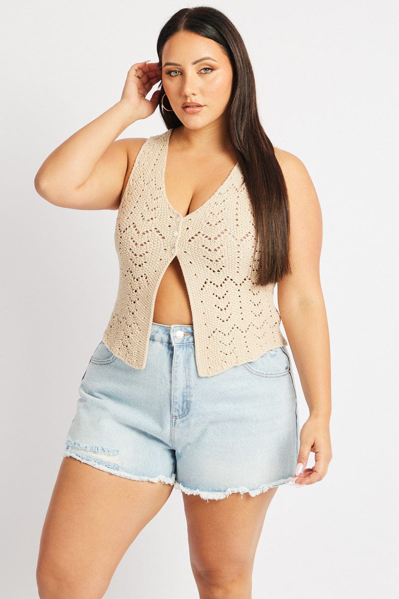 Beige Crochet Knit Vest for YouandAll Fashion